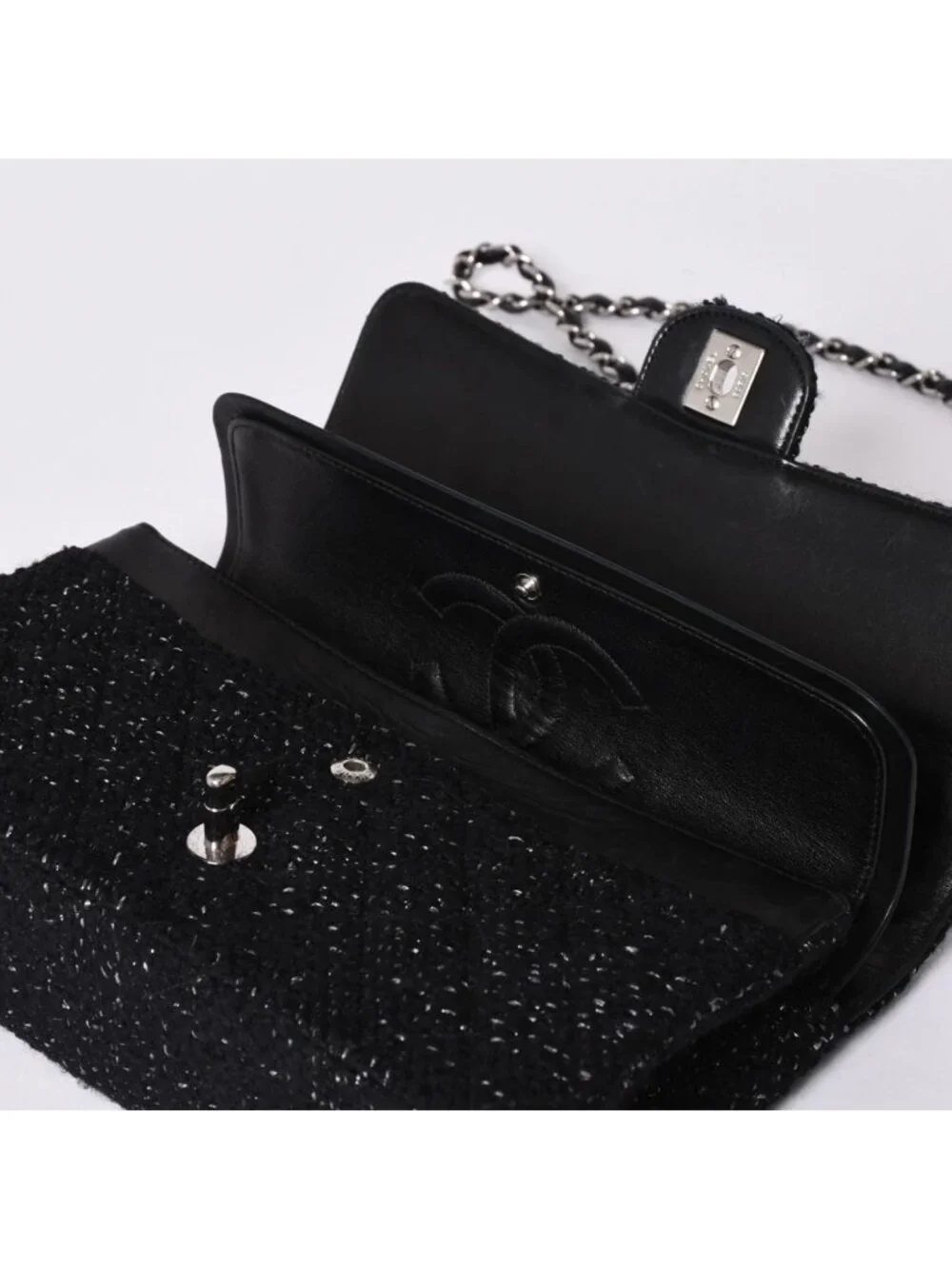 Chanel Quilted 25 Double Flap Chain Shoulder Bag CC Logo Tweed Leather Black